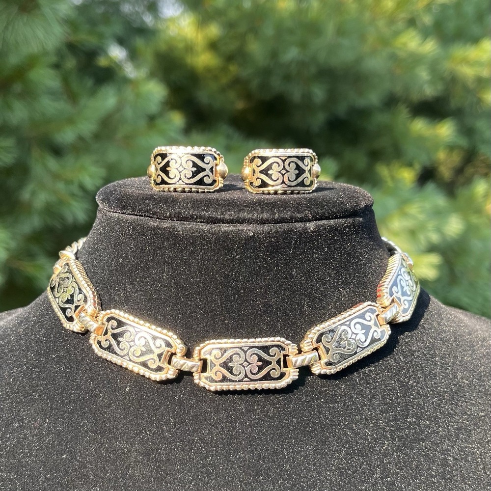 Vtg Barclay Black Enamel Gold Tone Necklace Clip Earrings Set Victorian Signed